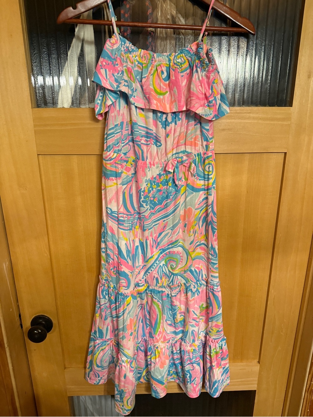 Lilly Pulitzer Kids Girls Maxi Dress Ruffle Off Shoulder Tropical Print L 12/14